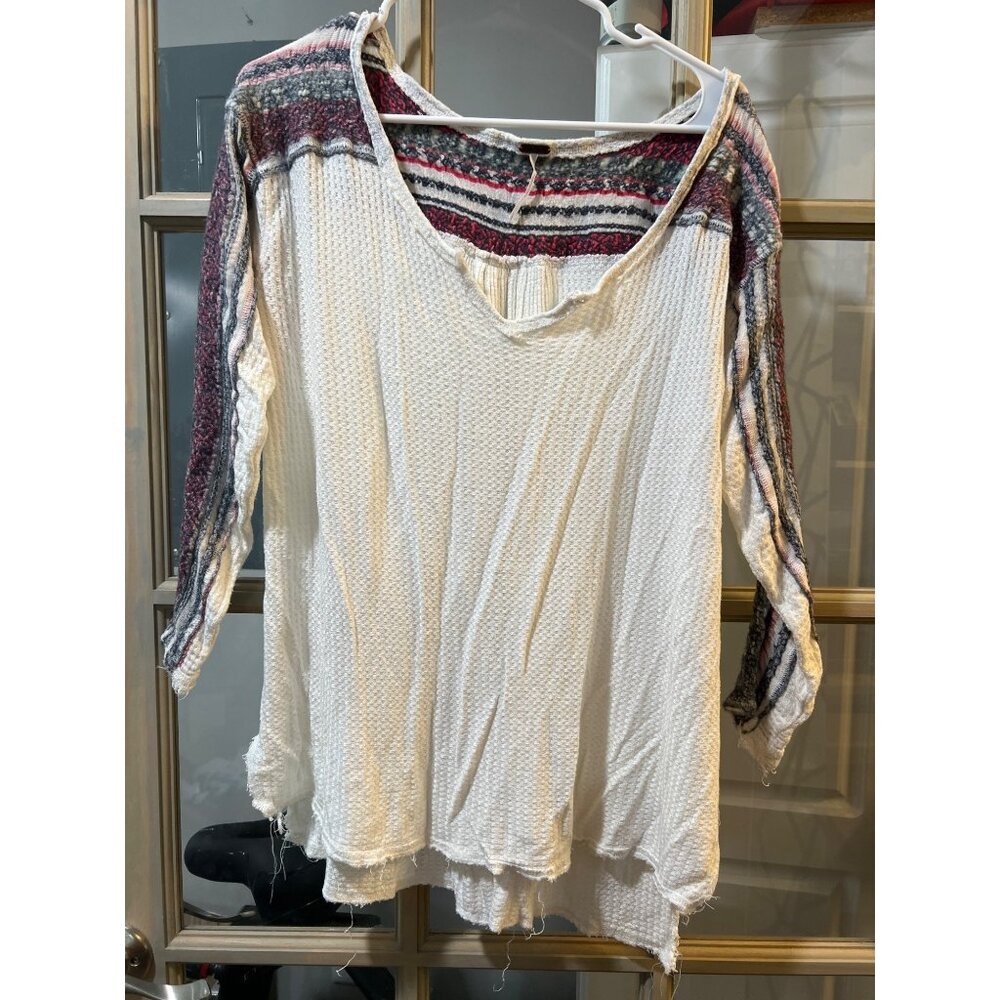 Free People Womens Large Waffle Knit Thermal Top With Striped Sleeves